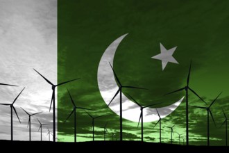 Pakistan flag wind farm at sunset, sustainable development, renewable energy Wind Turbines