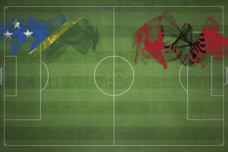 Solomon Islands vs Albania Soccer Match, national colors, national flags, soccer field, football