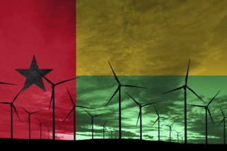 Guinea Bissau flag wind farm at sunset, sustainable development, renewable energy Wind Turbines