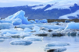 Jökulsarlon glacier lagoon, icebergs with glacier, Vatnajökull National Park, Hornafjörður, South