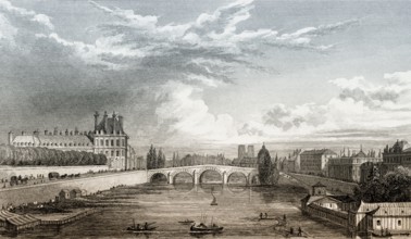 Panorama of Paris with Notre-Dame de Paris, antique steel engraved print, 1831