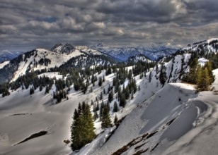 View from Seekarkreuz to Bavarian Alpine foothills, Germany, FRG, Mangfall mountains, Bavaria