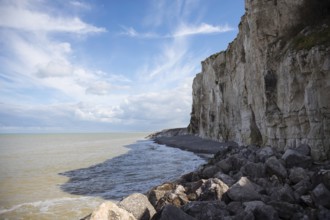 The chalk cliffs of etretat in France in Normandy with a blue sky with white clouds and the sea
