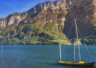 Image taken in the Murg Ost village, Switzerland, presenting a small boat on the Walensee lake in