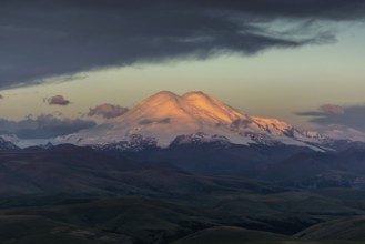 Beautiful view of Mount Elbrus at sunrise, North Caucasus mountains, Russia