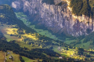 Lauterbrunnen valley, village and Staubbach waterfall in Swiss Alps, Switzerland