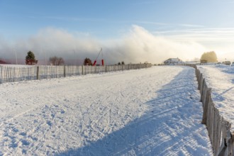 Cross-country ski trail in the snowy mountain on a sunny day. France, Vosges