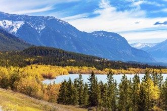 Rocky Mountains of Canada. Mountain peaks covered with glaciers and snow. This artificial Abraham