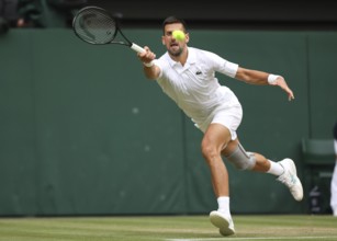 Serbian tennis player Novak Djokovic in action at the 2024 Wimbledon Championships, London,