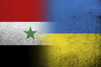 The Syrian Arab Republic National flag with National flag of Ukraine. Grunge background