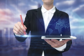 Lady In Uniform Standing Holding Tablet Typing Futuristic Technologies