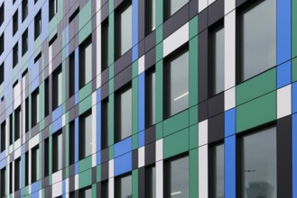 Colourful facade on modern architecture, Montreal, Province of Quebec, Canada