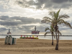 A quiet beach with palm trees, pedal boats and a slightly cloudy sky over the sea, tenerife, canary