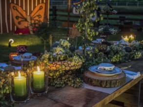 Rustically decorated table with candles and crockery in a natural and cosy atmosphere, borken,