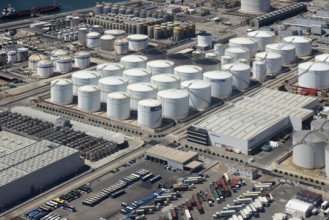 Aerial view of the industrial area at the harbour, Barcelona, Catalonia, Mediterranean Sea, Spain