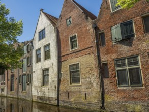 Group of old brick buildings next to a canal in sunny weather, alkmaar, the netherlands