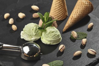Frozen chocolate and pistachio ice cream decorated with mint, waffle cones with scattered