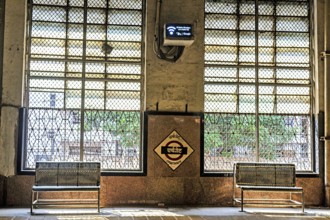 Churchgate Railway Station empty bench on platform, Mumbai, Maharashtra, India