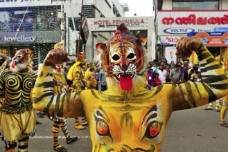 Pulikali Tiger Dance procession, Onam festival, Thrissur, Kerala, India, Asia