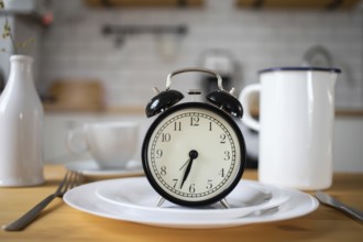 Intermittent fasting concept alarm clock on kitchen table