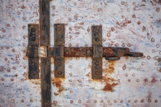Rusty door lock, old church door, detail, Pyrgos, island of Santorini, Cyclades, Greece
