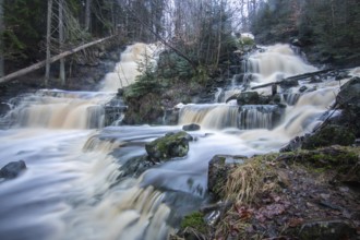 Landscape shot of a large waterfall in a spruce and birch forest and in nature. Autumn landscape