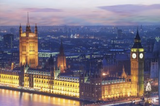 Elevated view of the Houses of Parliament at dusk, London, England, United Kingdom