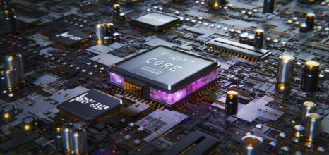 Smart technology circuit board. High performance processors CPU and motherboard chip concept. 3d
