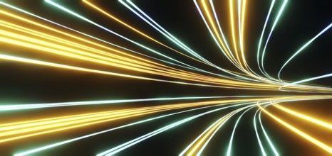 Dark background with colorful track of glowing lines, curve path of speed lights, futuristic speedy