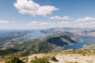 View from the observation deck of Mount Lovcen to the azure water of the Bay of Kotor.