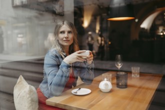 Blonde, attractive woman, 40+, sitting in a coffee house by the window