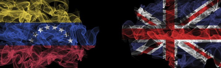 Flags of Venezuela and United Kingdom on Black background, Venezuela vs United Kingdom Smoke Flags