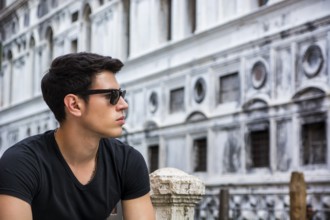 Portrait of Attractive Dark Haired Young Man Leaning Against Railing on Foot Bridge Over Narrow