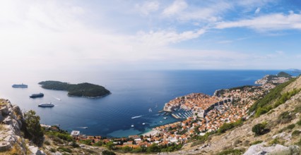 Aerial top view on the old city of Dubrovnik, from the observation deck on the mountain above the