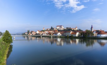 Ptuj, Slovenia, 11 October, 2022: panorama cityscape of Ptuj with the hilltop castle and