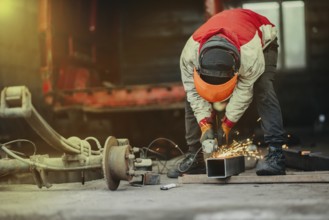 A worker cutting metal with a grinder creating sparks in a workshop