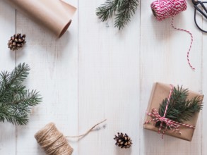 Christmas gift wrapping background, copy space for text or design in center. Winter holidays