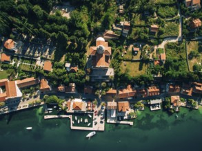 Prcanj, Montenegro The Bay of Kotor. Church of the Nativity of the Virgin. Aerial photography,