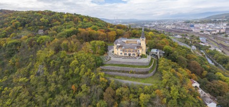 Vetruse lookout point and hotel over Usti nad Labem city In autumn it is cloudy during the day