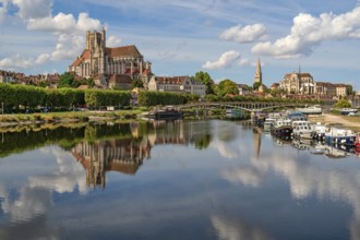 The three churches of Auxerre seen from Pont Paul Bert, Yonne river, Auxerre, departement Yonne,