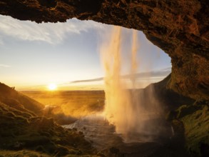 Sunset at Seljalandsfoss waterfall, South Iceland, Iceland