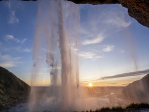 Sunset at Seljalandsfoss waterfall, South Iceland, Iceland