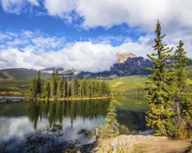 The clear autumn morning in Jasper National Park, Canada. Charming little island in the Pyramid