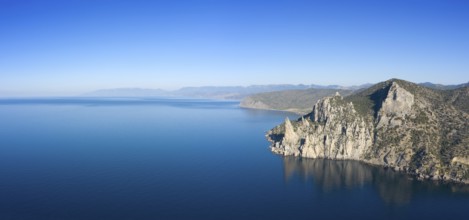 Aerial view of beautiful mountain rocks and sea landscape in Crimea