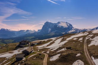 Panoramic view from the Seiser Alm to the Dolomites in Italy, drone shot