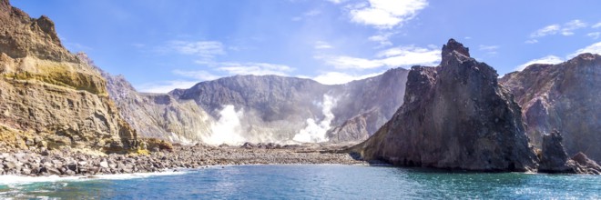 Active Volcano at White Island New Zealand. Volcanic Sulfur Crater Lake. Web banner