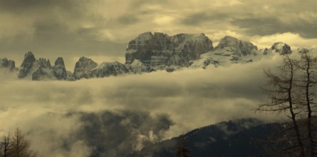 Snow-capped mountains in clouds panorama landscape in alps, Adamello Brenta, Italy