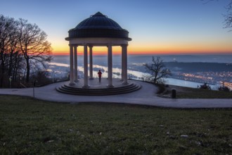 Beautiful temple in a landscape shot. Sunrise on a winter morning. Beautiful view along the Rhine