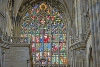 Gothic cathedral with a colorful, intricate stained glass window and open arches allowing light in,