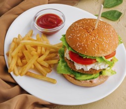 Delicious hamburger with French fries and ketchup